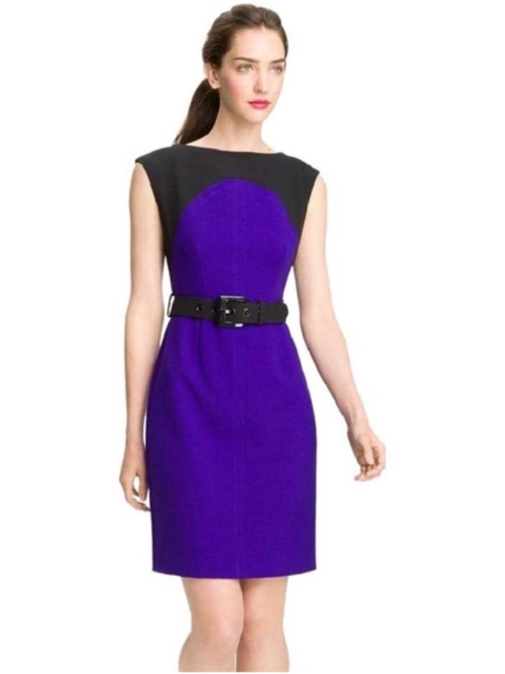 Milly of New York Purple and Black Colourblock Sleeveless Sheath Dress with Belt